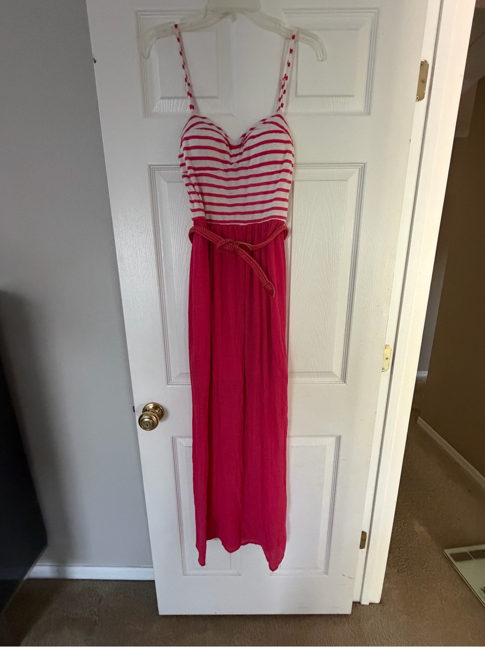 Striped Pink Maxi Sundress with Braided Belt